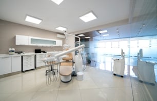 a dentist's office with dental equipment in it