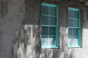 duas janelas com molduras verdes em uma parede cinza