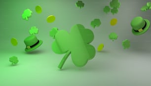 Ein grüner Hut und Kleeblätter fliegen in der Luft