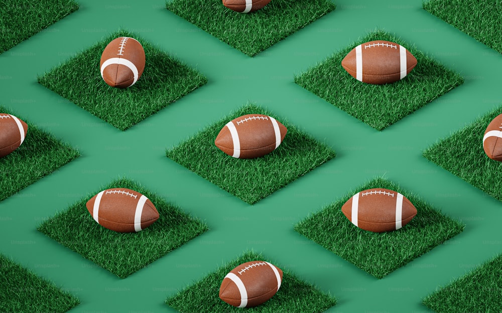 a pattern of footballs sitting on top of green grass