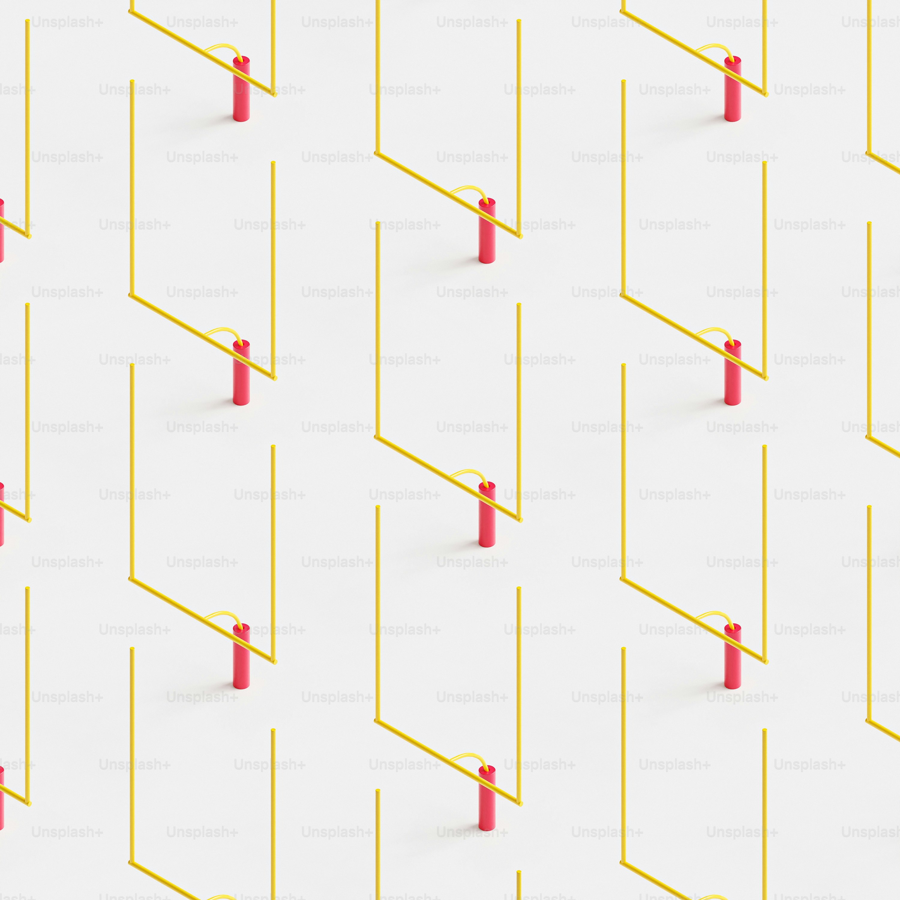 a white background with yellow lines and a red pole