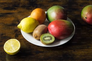 a white plate topped with fruit on top of a wooden table