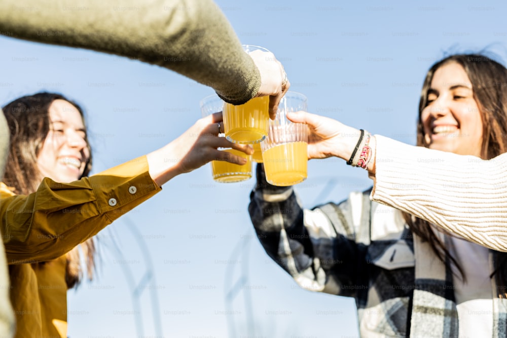 um grupo de amigos brindando com copos de cerveja