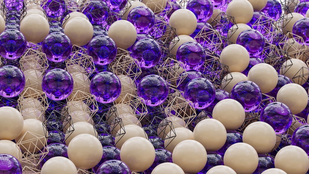 a bunch of purple and white eggs in baskets