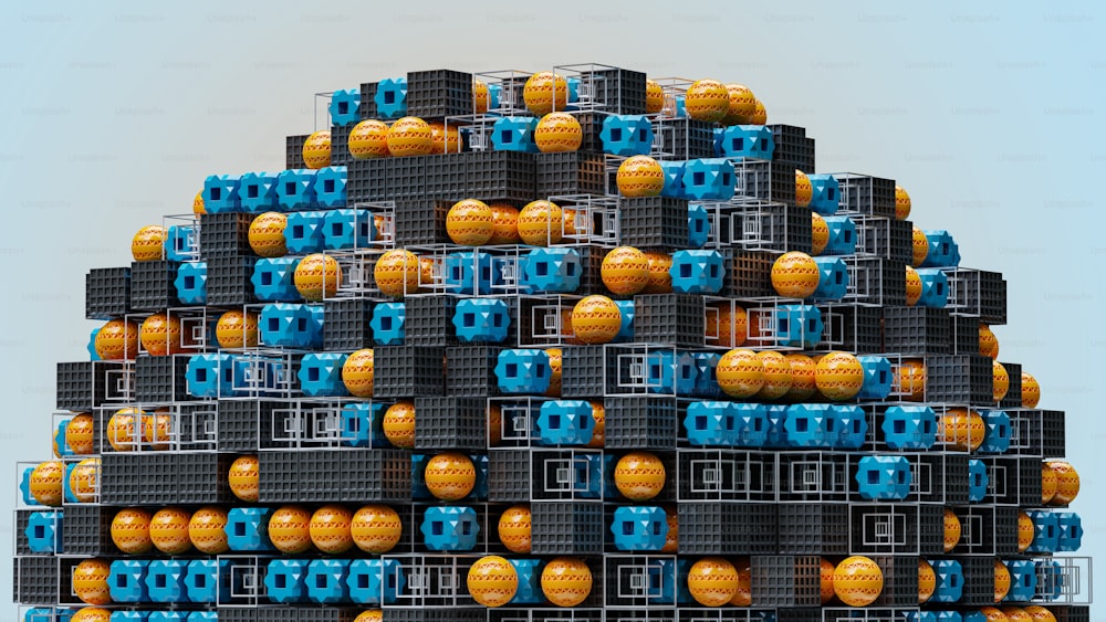 a large stack of orange and black containers