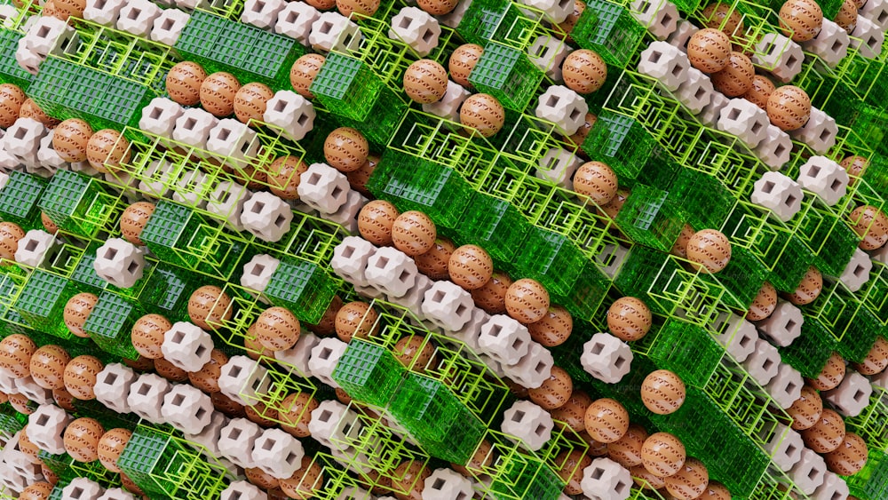a close up of a bunch of green and white objects