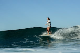 a woman riding a wave on top of a surfboard