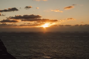 the sun is setting over the ocean on a cloudy day