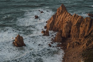 um grupo de rochas sentadas no topo de uma praia rochosa