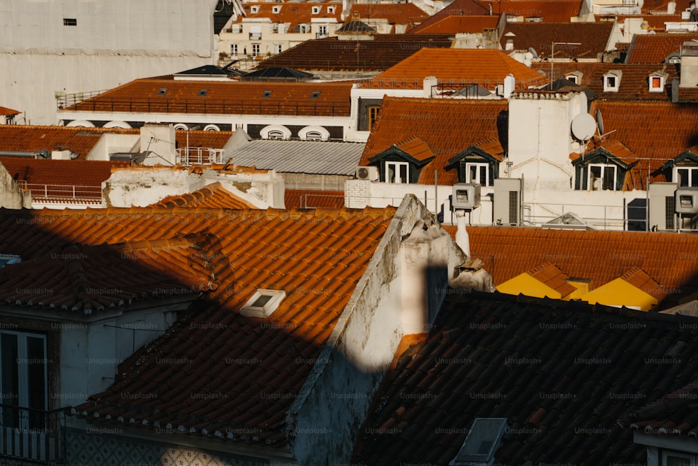 uma vista de telhados e edifícios em uma cidade