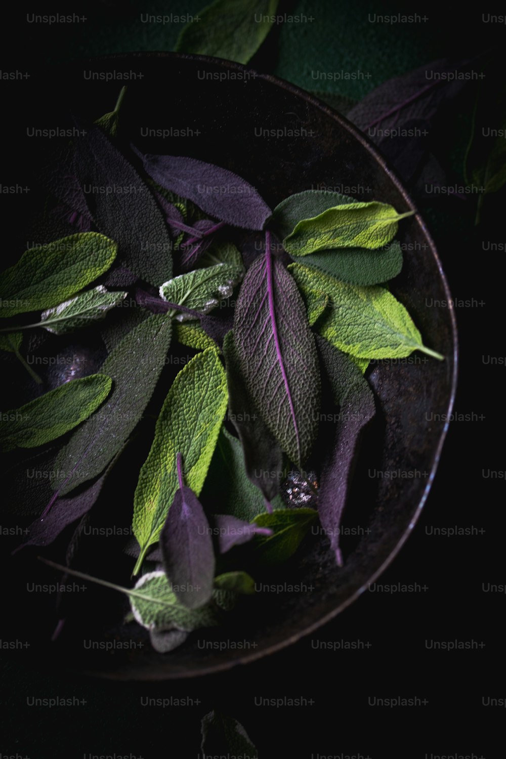 a black bowl filled with green leaves on top of a table