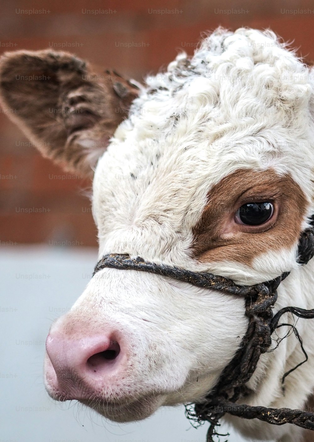 a close up of a cow wearing a harness
