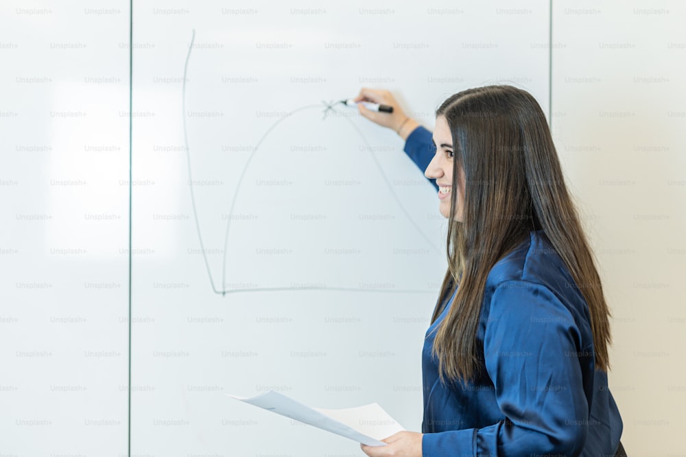 a woman writing on a white board with a marker