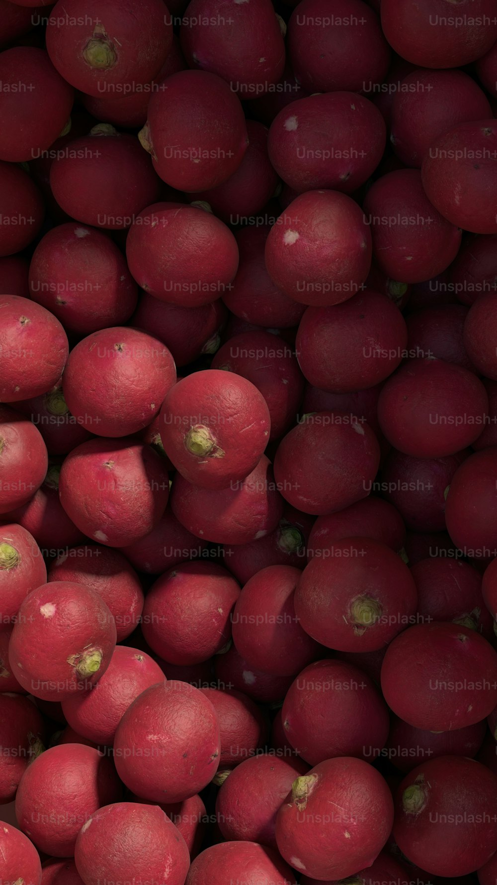a pile of red radishes sitting next to each other
