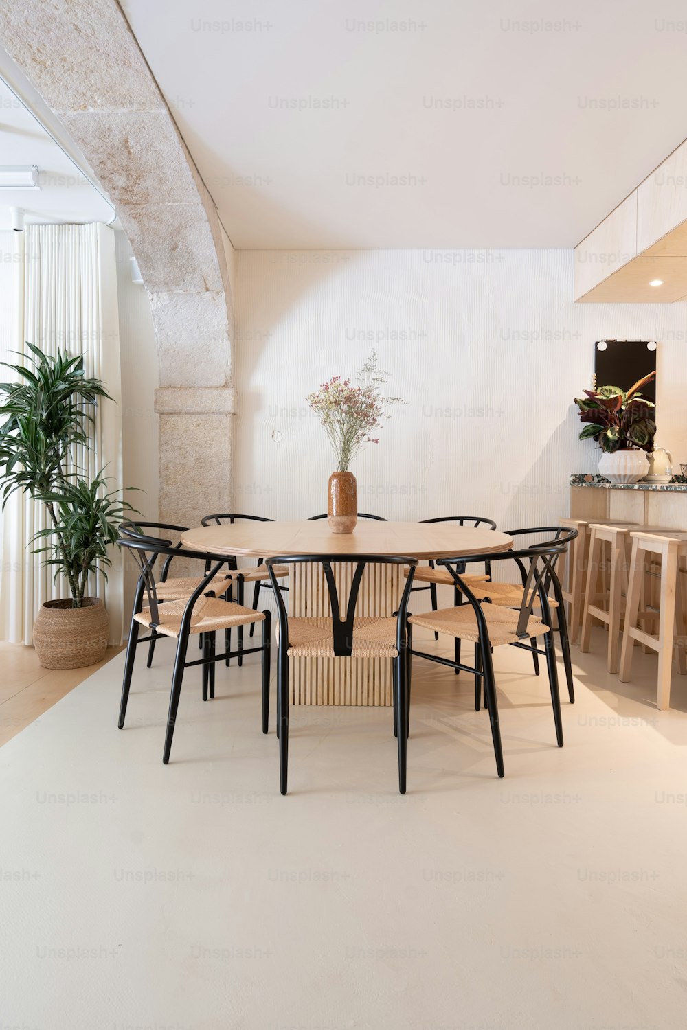 una habitación con una mesa y sillas y una planta en maceta