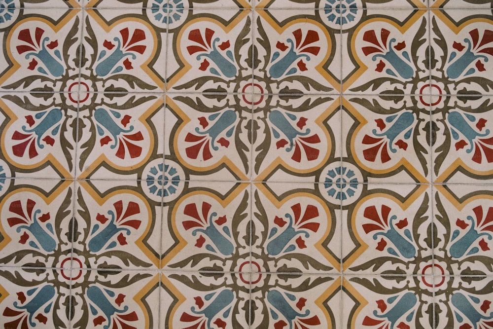a close up of a colorful tile pattern
