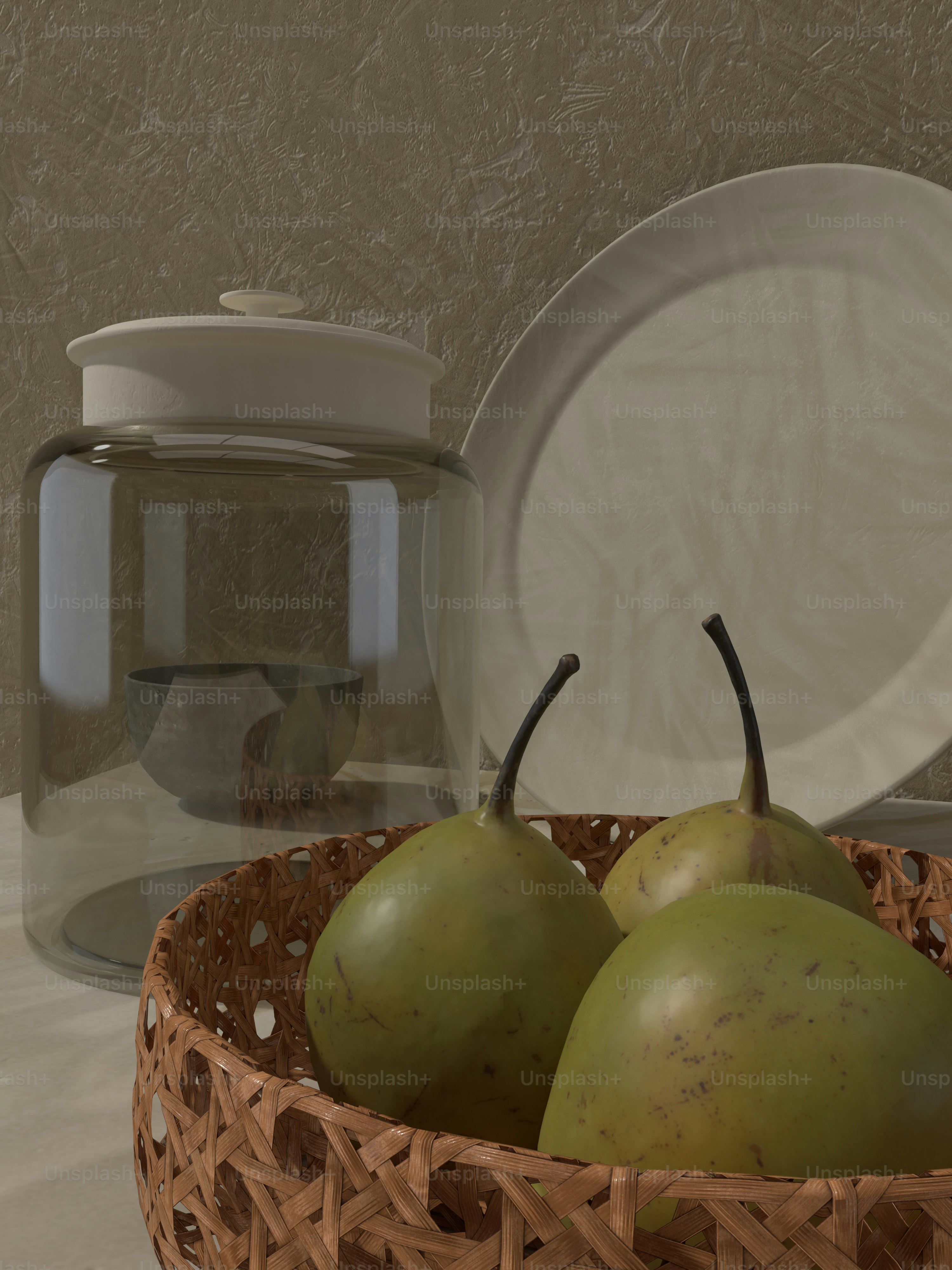 two green apples in a basket next to a glass jar