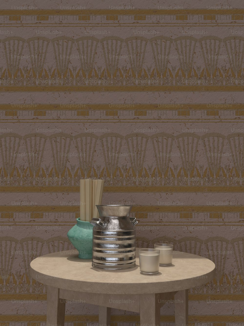 a table with a vase and two cups on it