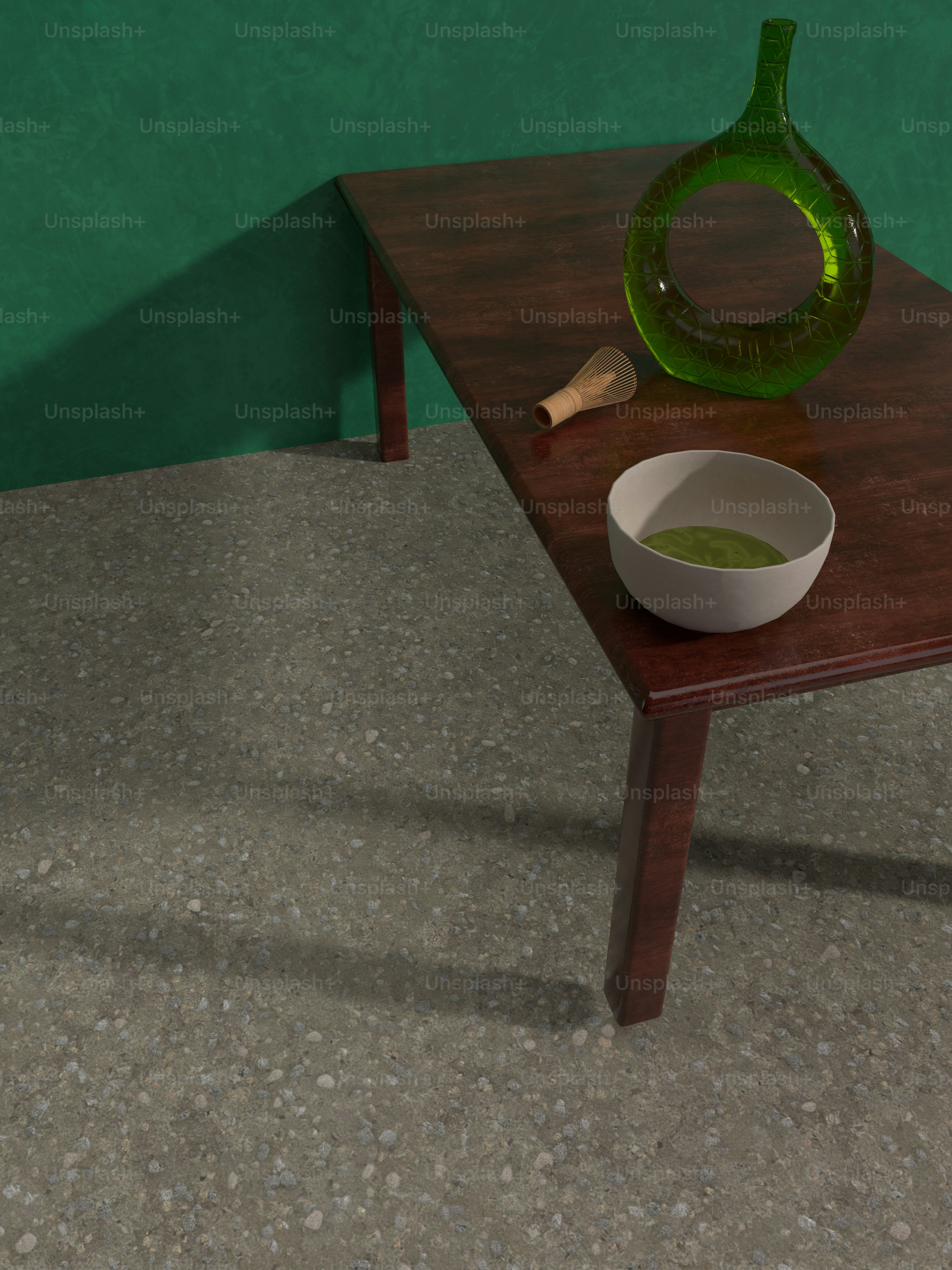 A green vase sitting on top of a wooden table photo – Wallpaper Image ...