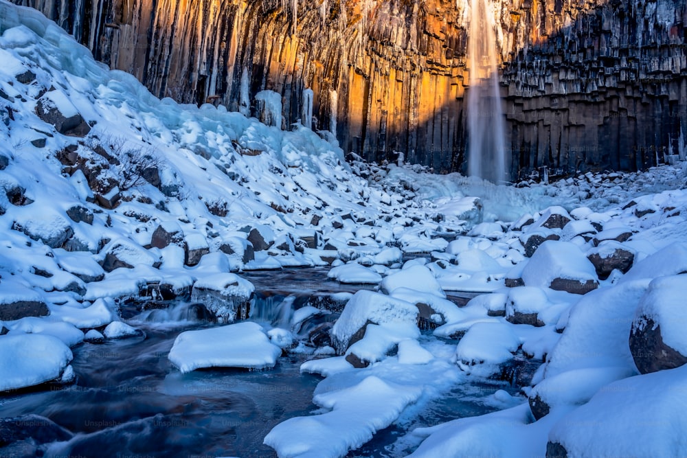 a stream of water surrounded by snow covered rocks