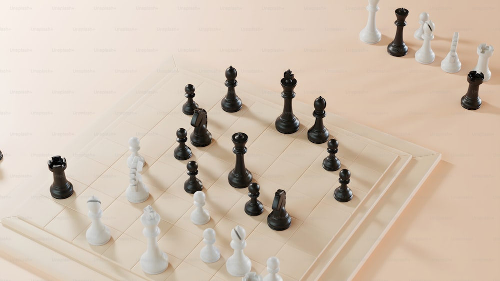 un tablero de ajedrez blanco y negro con piezas en él