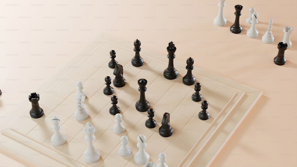 a white and black chess board with pieces on it