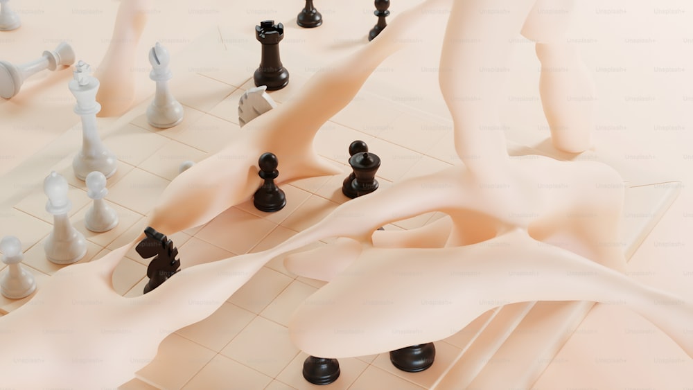 a group of chess pieces sitting on top of a tiled floor