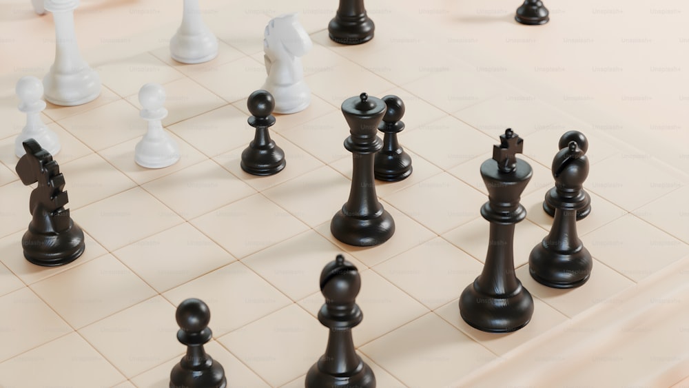 a black and white chess set on a table