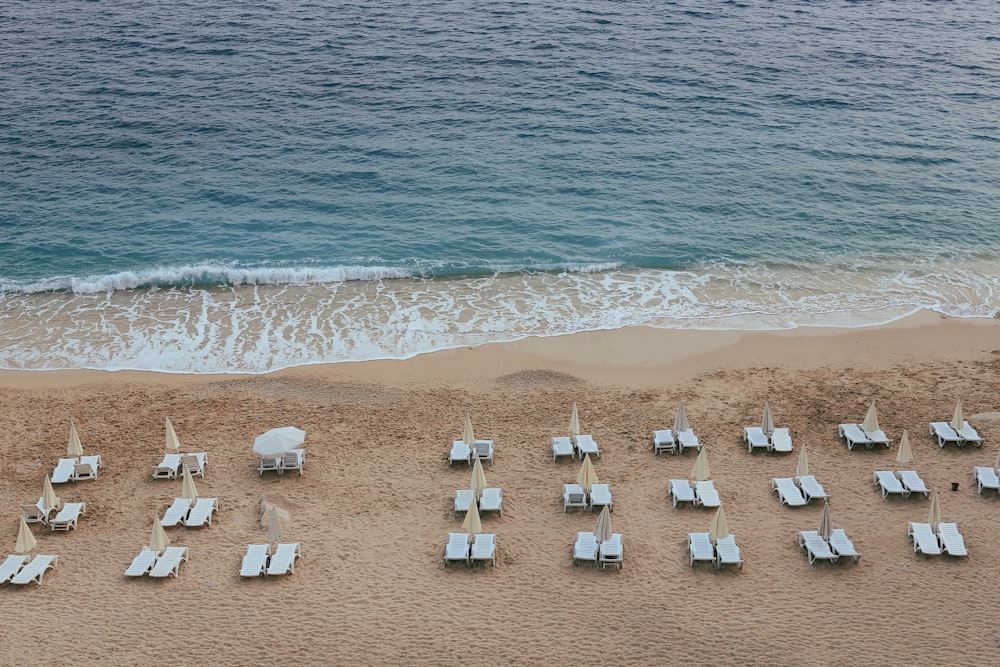 Una playa con muchas sillas y sombrillas