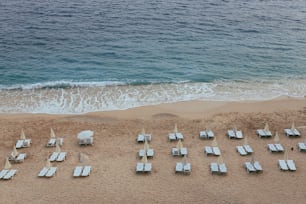 Una playa con muchas sillas y sombrillas