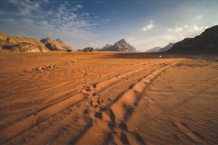 a sandy area with mountains in the background