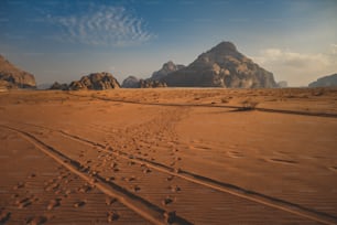 a trail in the desert with mountains in the background