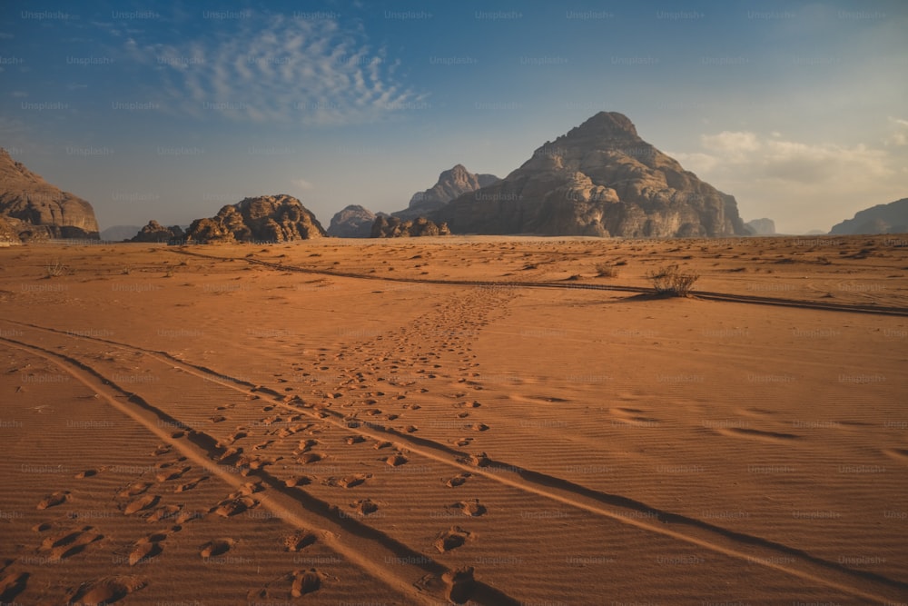 uma trilha no deserto com montanhas ao fundo
