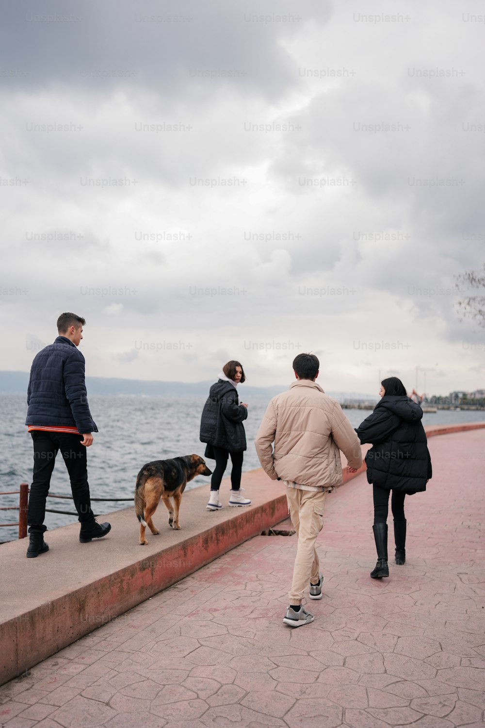a group of people walking along a sidewalk next to a body of water