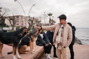 a man petting two dogs on the side of the road
