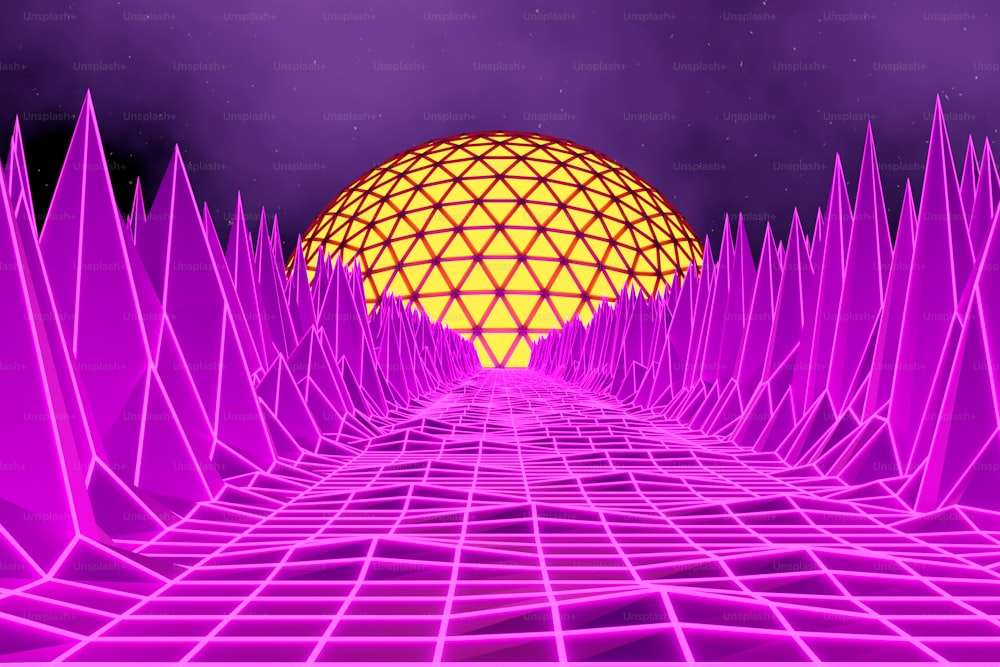 Une image abstraite d’une grande balle au milieu d’un paysage violet