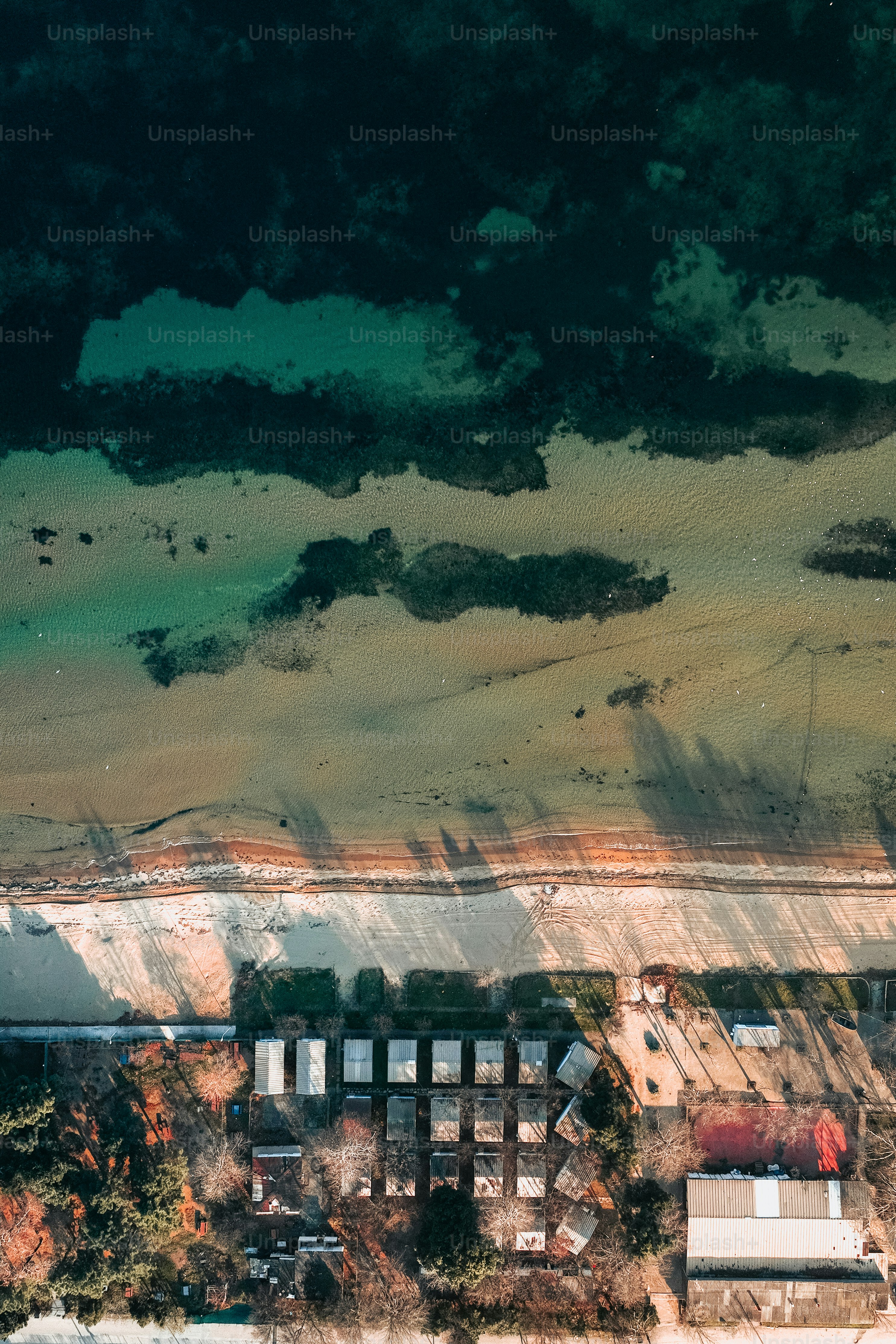 an aerial view of a beach and a body of water