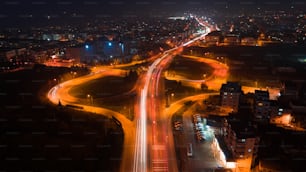 an aerial view of a city at night