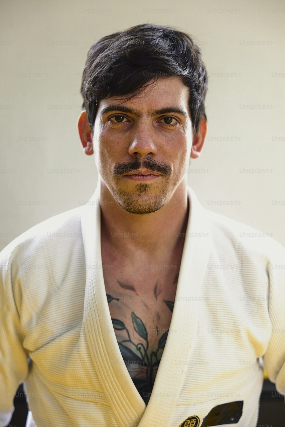 Un hombre con un tatuaje en el pecho con un kimono blanco