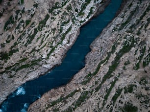 an aerial view of a river running through a canyon