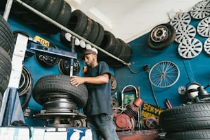 a man working on a tire in a garage