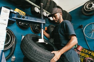 a man working on a tire in a garage