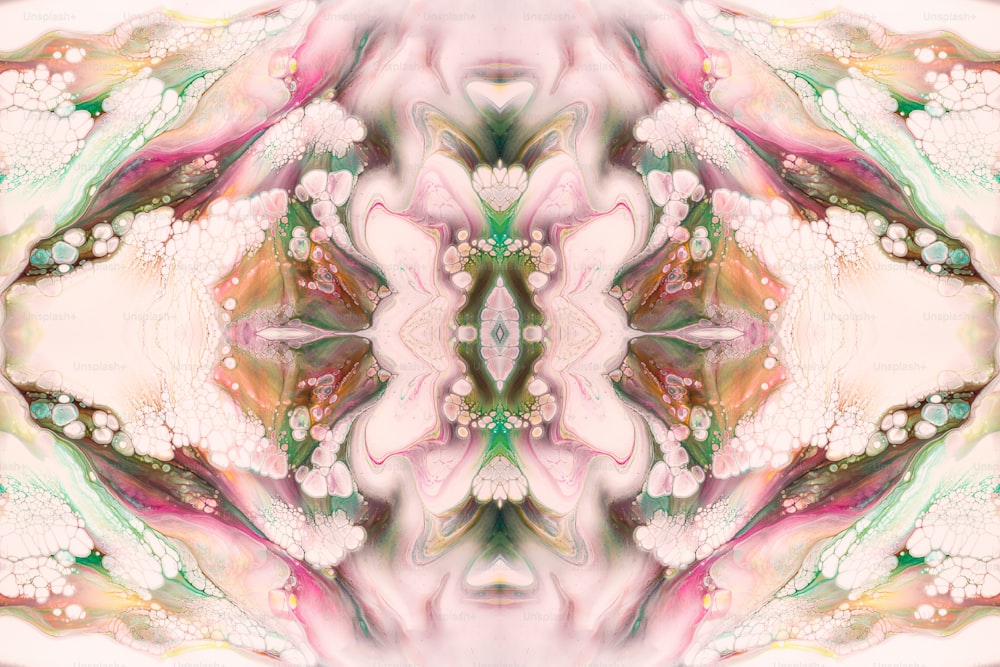 Una imagen abstracta de una flor rosa con un centro verde