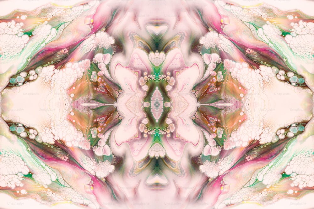 Una imagen abstracta de una flor rosa con un centro verde