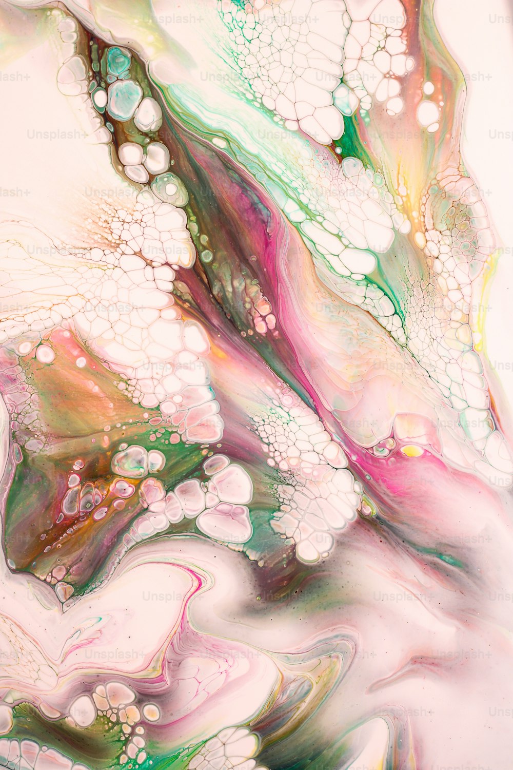 an abstract painting with white, pink, and green colors