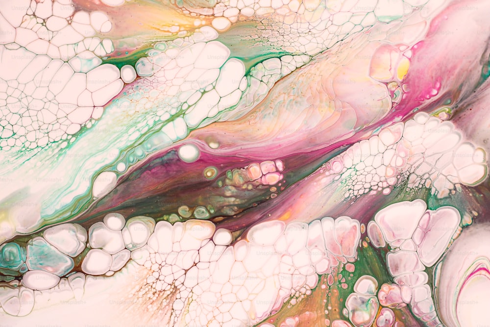 an abstract painting with white, pink, and green colors