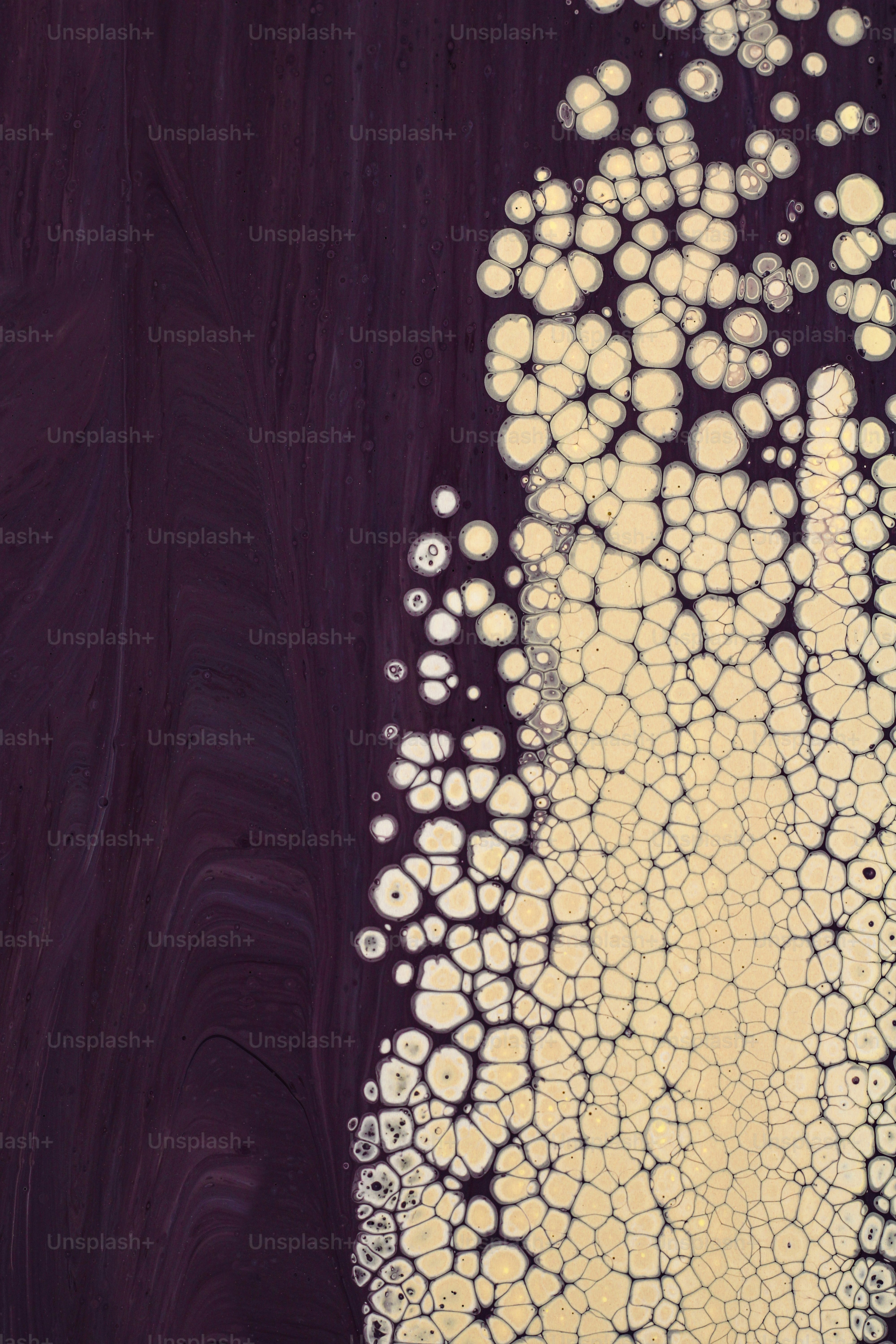 an abstract painting with white circles on a purple background