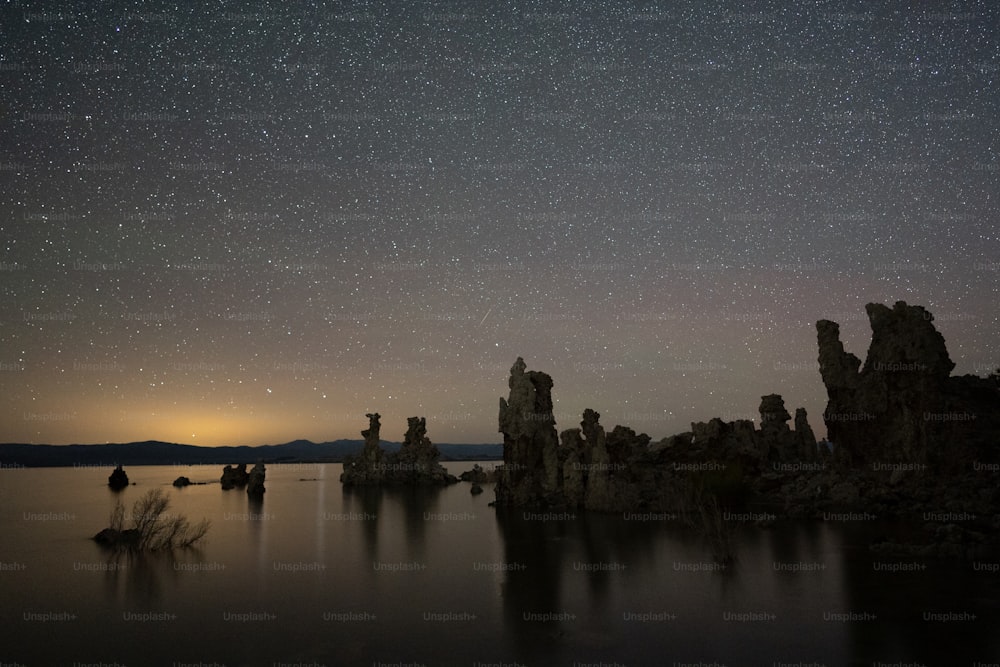 夜空は水域の上の星でいっぱいです