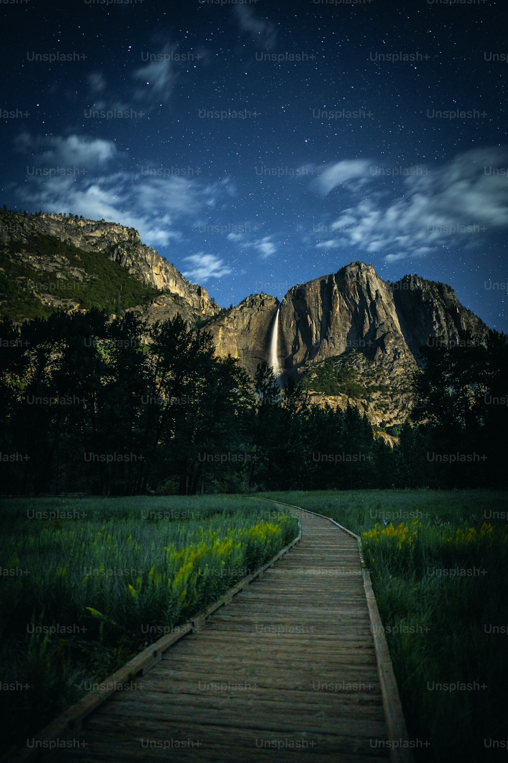 a wooden walkway leading to a waterfall under a night sky