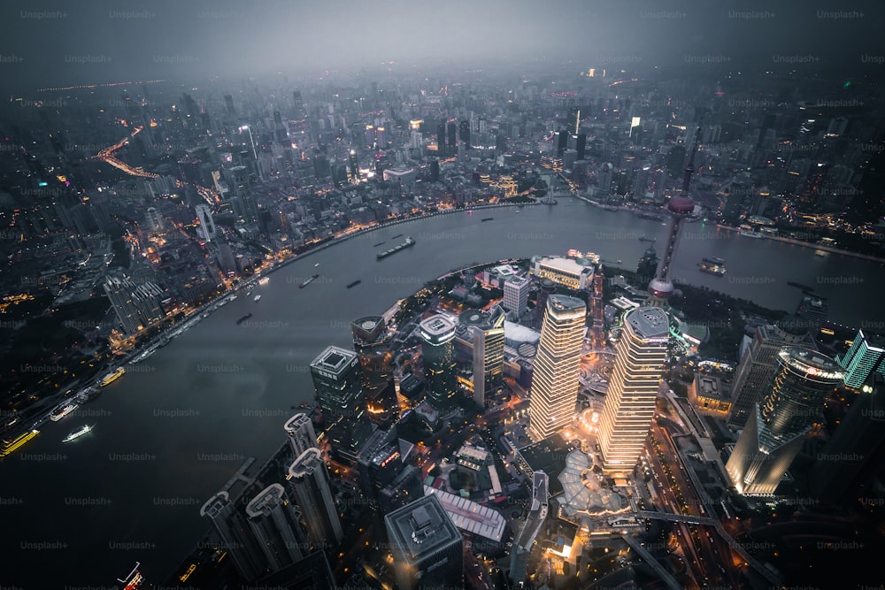 an aerial view of a city at night